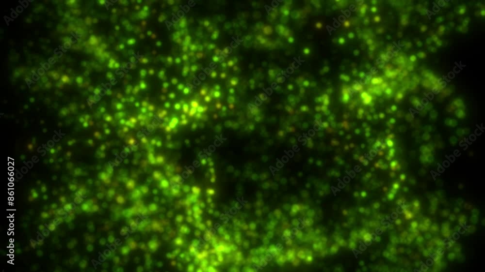 Poster passing through green abstract floating fluid particles with black background - quantum concept visu