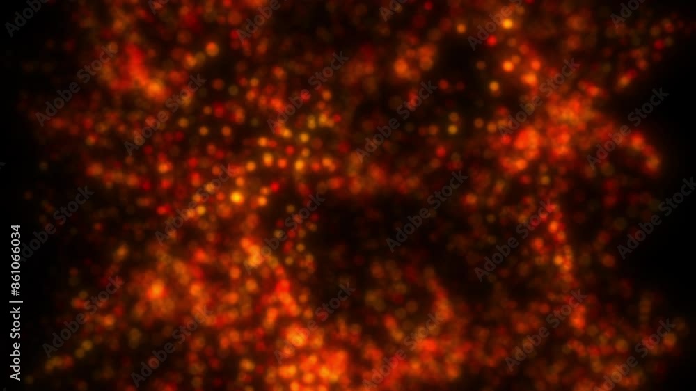 Poster passing through red abstract floating fluid particles with black background - quantum concept visual