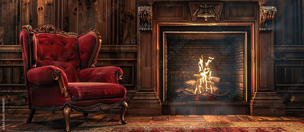 Poster Armchair next to a fireplace. with copy space image. Place for adding text or design