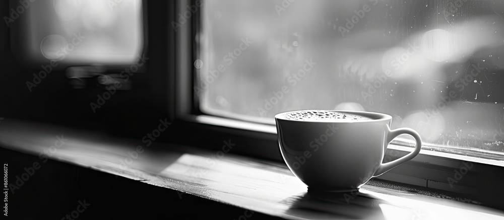 Leinwandbilder white cup of coffee on a sunlit window sill. black and white image, selective focus. with copy space