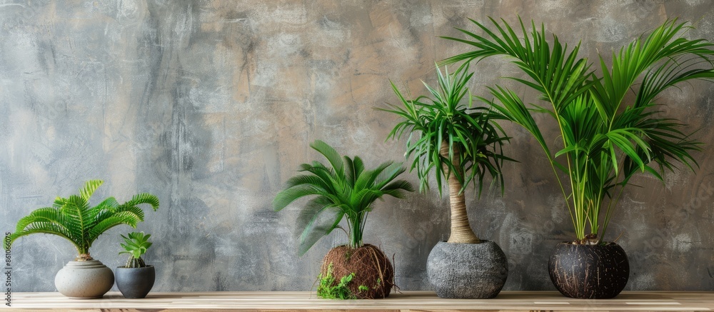 Aufkleber Green coconut bonsai in fresh organic plastic pots. with copy space image. Place for adding text or design