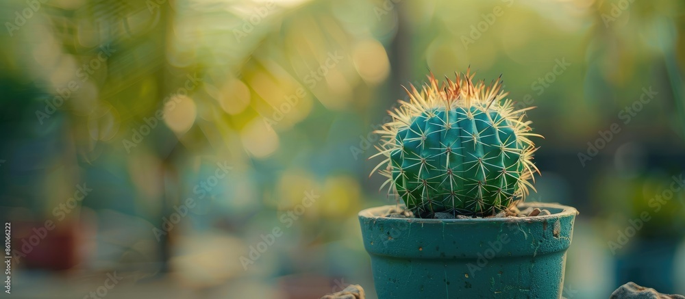 Poster close-up green spiky potted cactus plant with selective focus. with copy space image. place for addi