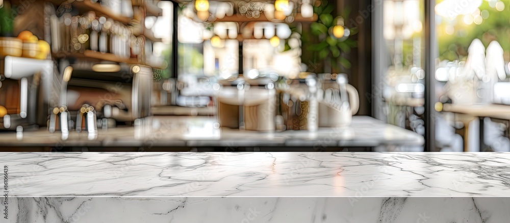 Poster marble table top with blurred kitchen cafe restaurant interior background. with copy space image. pl