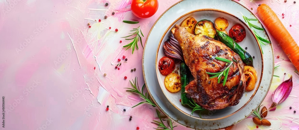 Leinwandbilder rabbit leg with grilled vegetables isolated on pastel background. with copy space image. place for a
