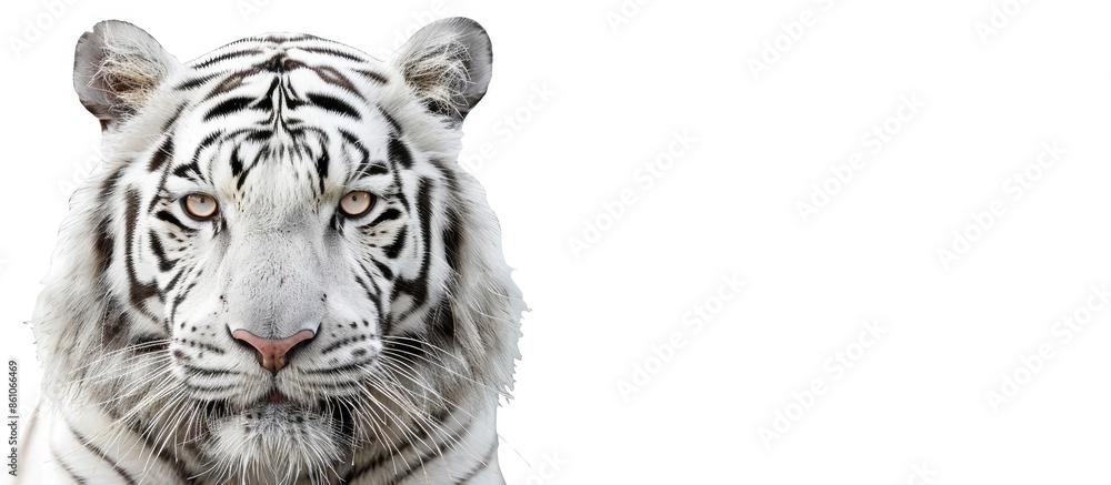 Poster face of a white bengal tiger, isolated on white background. mask of the biggest cat. wild beauty of 