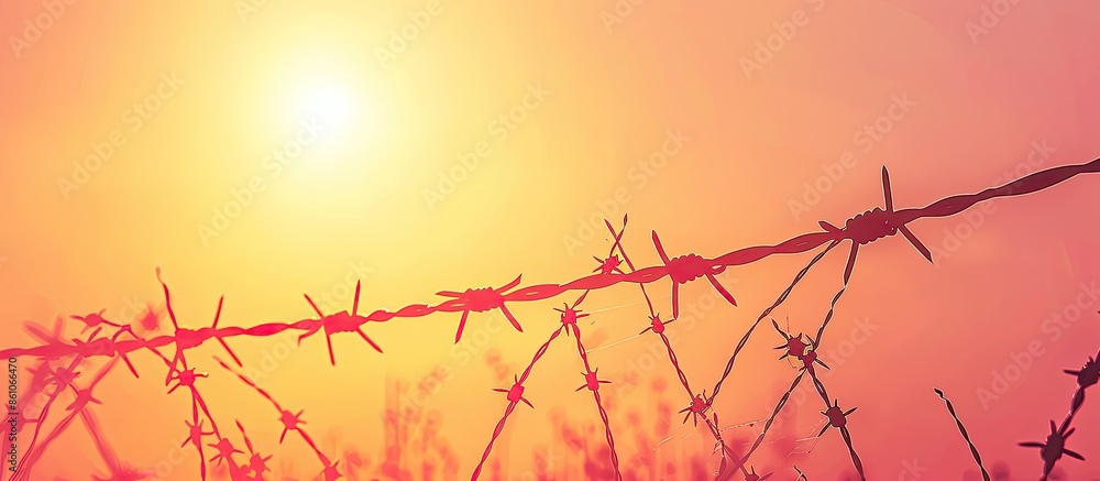Poster silhouette barbed wire with sun pastel background  Abstract. with copy space image. Place for adding text or design