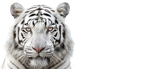 Obraz premium Face of a white bengal tiger, isolated on white background. Mask of the biggest cat. Wild beauty of the most dangerous and mighty beast. Copy space image. Place for adding text or design