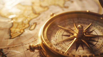 Retro styled golden compass sundial and old white nautical chart closeup Vintage still life Sailing accessories Travel and navigation theme : Generative AI