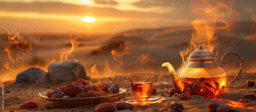 Aufkleber Dates, teapot, cup with tea near the fire in the desert with a beautiful background. Ramadan Kareem. Copy space image. Place for adding text or design