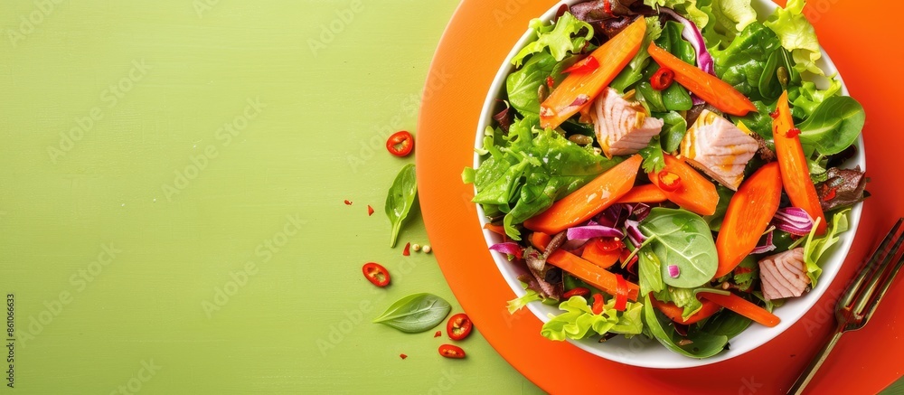 Poster tuna salad with carrot and chili pepper pastel background. with copy space image. place for adding t