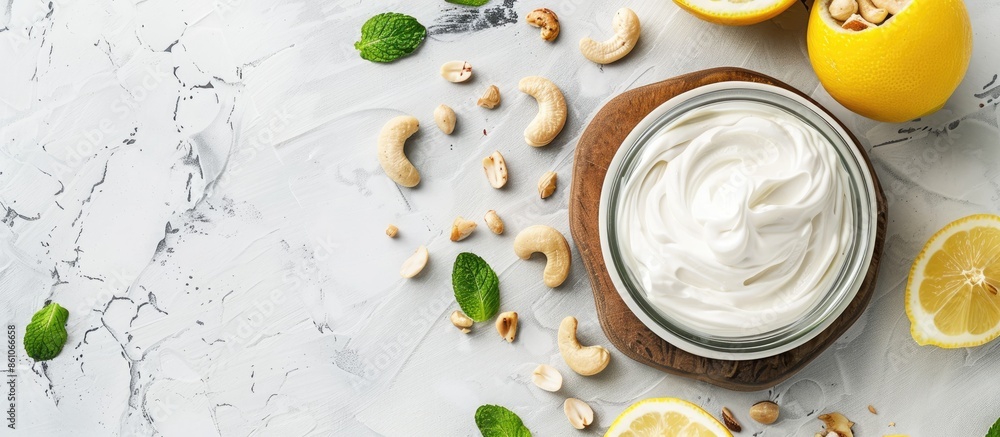 Fototapete tray with cashew sour cream, nuts and lemon juice on light background, closeup. copy space image. pl