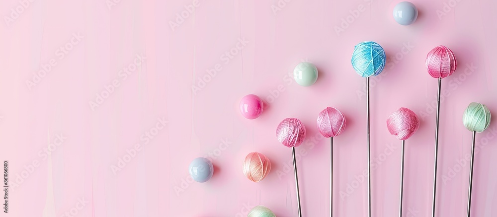 Poster sewing pins and pin cushion pastel background isolated. with copy space image. place for adding text