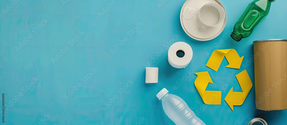 Aufkleber recycling concept - recycling symbol made of plastic bottle, toilet paper roll and can. with copy sp