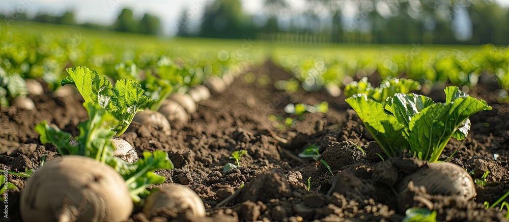 Poster tidy rows of sugar beets in perspective in fertile soil on an agricultural field. sugar beet cultiva