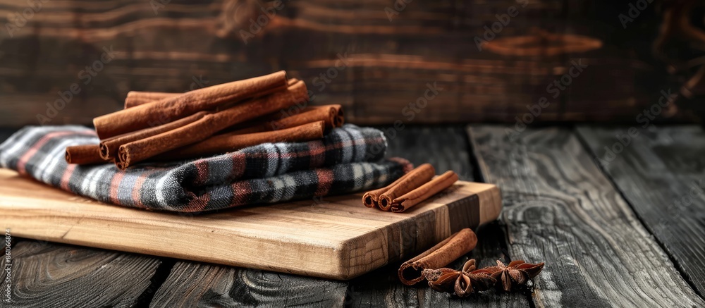 Leinwandbilder Cinnamon sticks on the board with a plaid towel in the home interior. with copy space image. Place for adding text or design