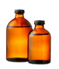Two Amber Glass Bottles With Liquid On White Background