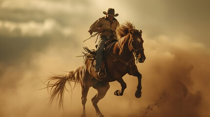 Cowboy riding bucking bronco in dusty rodeo arena capturing the thrill and excitement of the Wild West. Concept Wild West, Rodeo, Cowboy, Bucking Bronco, Excitement