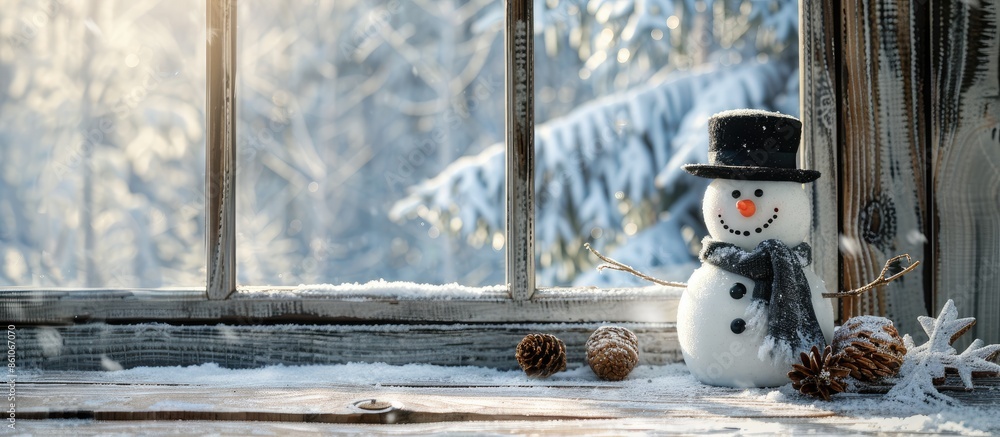 Aufkleber Winter window and snowman with black hat . with copy space image. Place for adding text or design