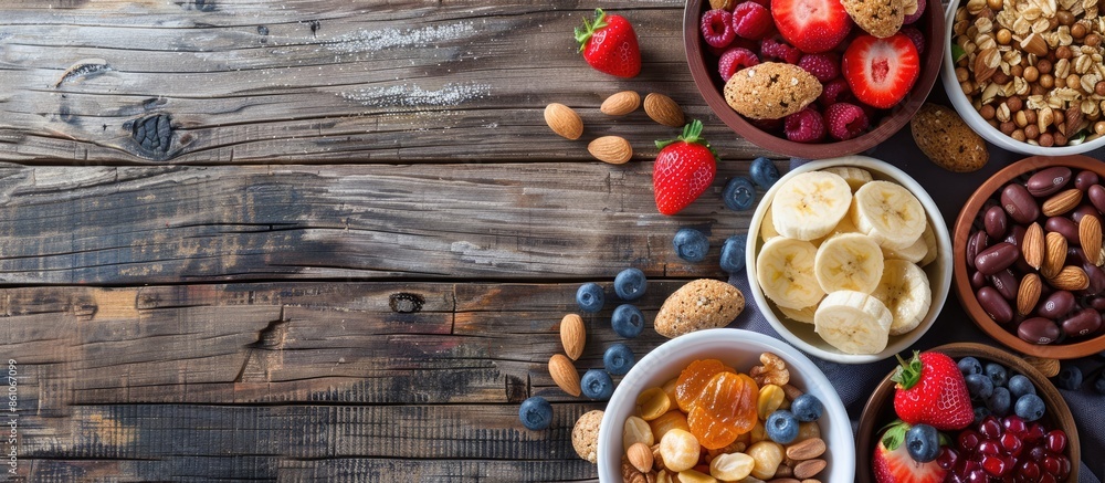 Fototapete healthy snacks on wooden table with copy space, top view. copy space image. place for adding text or