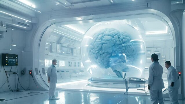 A high-tech lab observes a giant brain with digital overlays