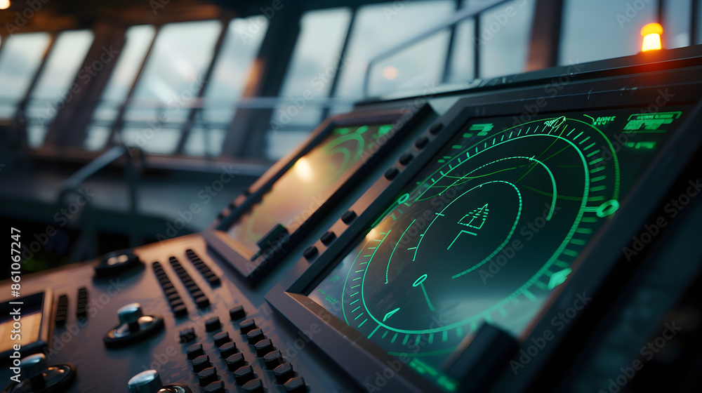 Aufkleber radar screen with green display indication on a captains bridge of modern ship : generative ai