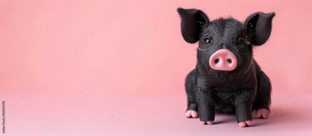 Aufkleber closeup cute black pig doll on pastel background design. with copy space image. place for adding tex