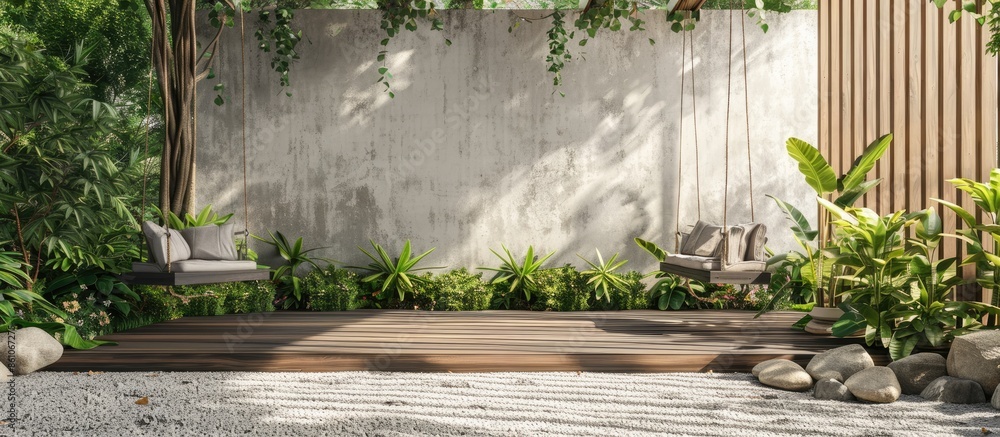 Aufkleber garden with terrace and swing. copy space image. place for adding text or design