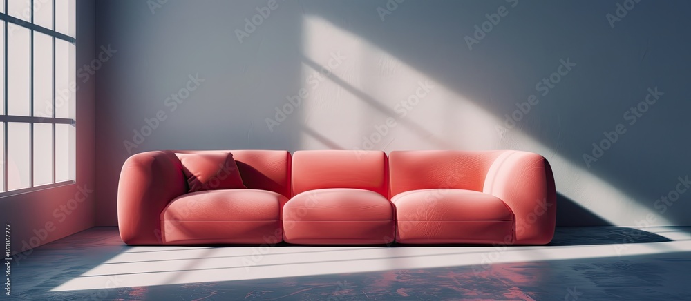 Poster Set of salmon pink sofa displayed in shadowy lighting . with copy space image. Place for adding text or design