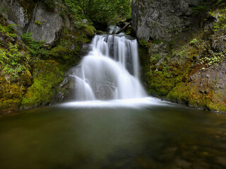 Waterfall in the forest in New Zealand, mysterious scene long exposure time