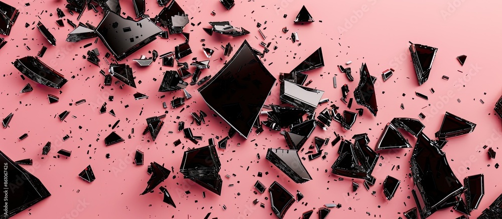 Poster Shattered or smashed pieces of black glass isolated on pastel background. with copy space image. Place for adding text or design