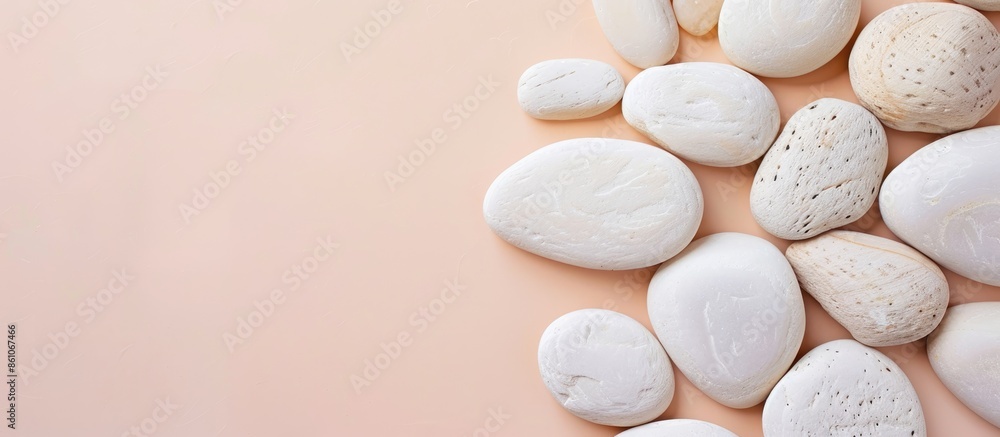 Poster White River Pebble Stone. On a pastel background.  Texture. with copy space image. Place for adding text or design