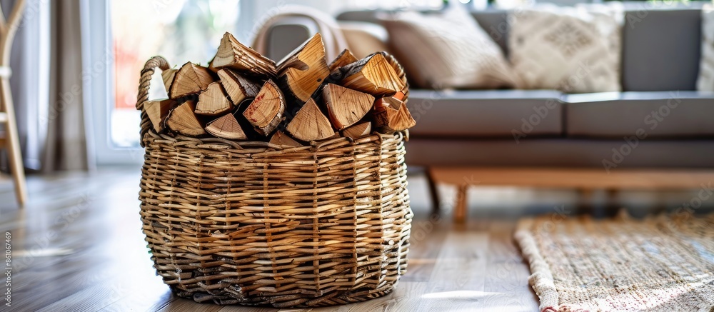Poster Basket with firewood on floor in living room. with copy space image. Place for adding text or design