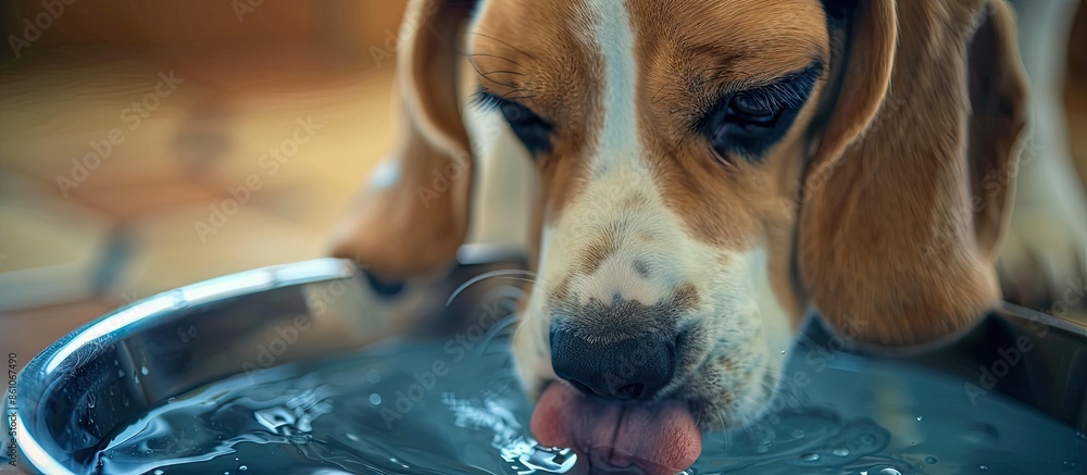 Poster Beagle is drinking water. Dog hydration. Copy space image. Place for adding text or design