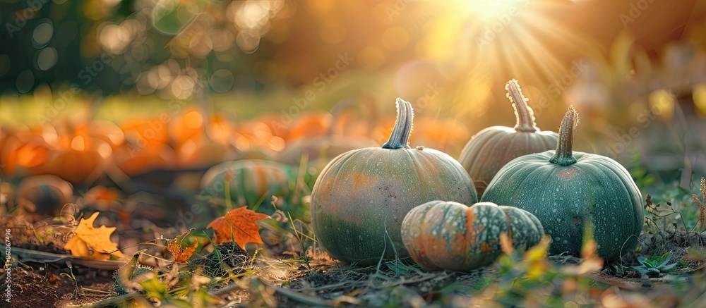 Poster green and orange pumpkins in garden or on fair. autumn harvest time. natural fall background. with copy space image. Place for adding text or design