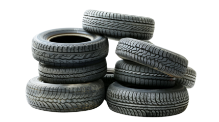 A pile of old tires stacked on top of each other. Isolated on transparent background.