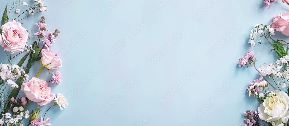 Poster Beautiful flowers and stationery on light blue background, flat lay with space for text. Teacher's Day. Copy space image. Place for adding text or design