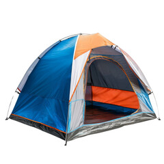A blue and white tent with an orange flap. Isolated on transparent background.
