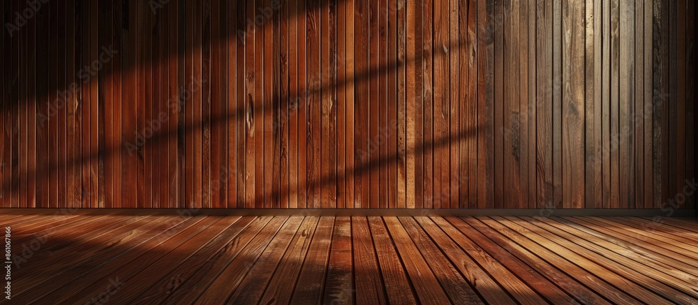 Poster empty architectural indoor wooden room, reddish wood planks finishing on parquet and wall. with copy