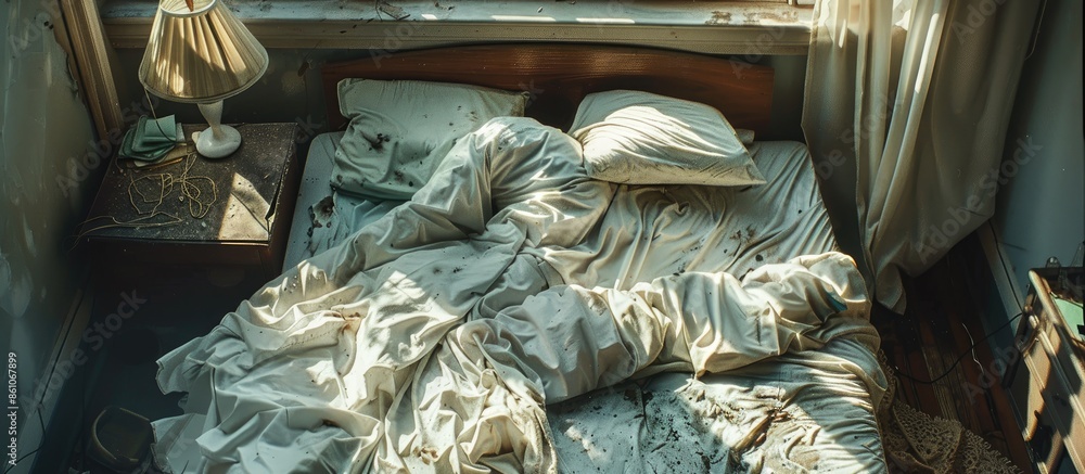 Aufkleber messy bed in early morning , messy bed after waking up . with copy space image. place for adding tex