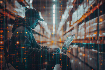 Warehouse Worker Using Laptop with Digital Data Overlay. Concept of Smart Inventory Management and Warehouse Automation. Background of Efficiency and Technology.