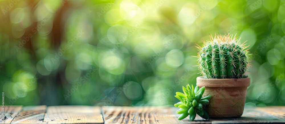 Poster Beautiful green cactus in a pot on a wooden table. In bright atmosphere It feels fresh during the day. with copy space image. Place for adding text or design