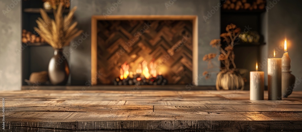 Poster wooden table of free space for your decoration and fireplace in home interior . with copy space imag