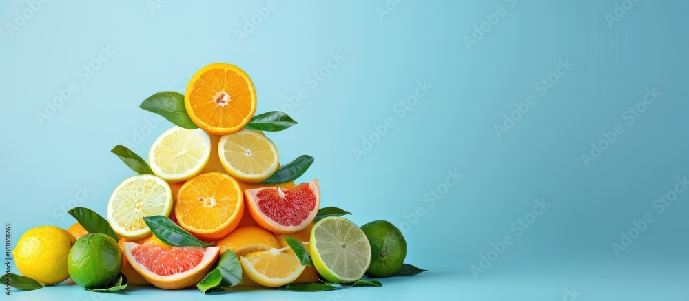 Leinwandbilder pyramid of citrus grapefruit, lemon, orange and lime decorated with leaves on a blue background. cop