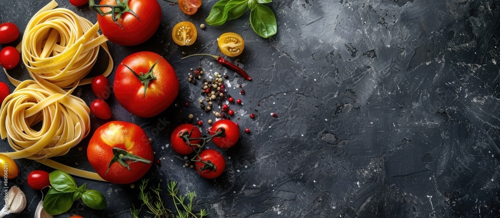 Poster vegetables and spices for tomato sauce,pasta tagliatelle with tomatoes on dark background, top view. Copy space image. Place for adding text or design