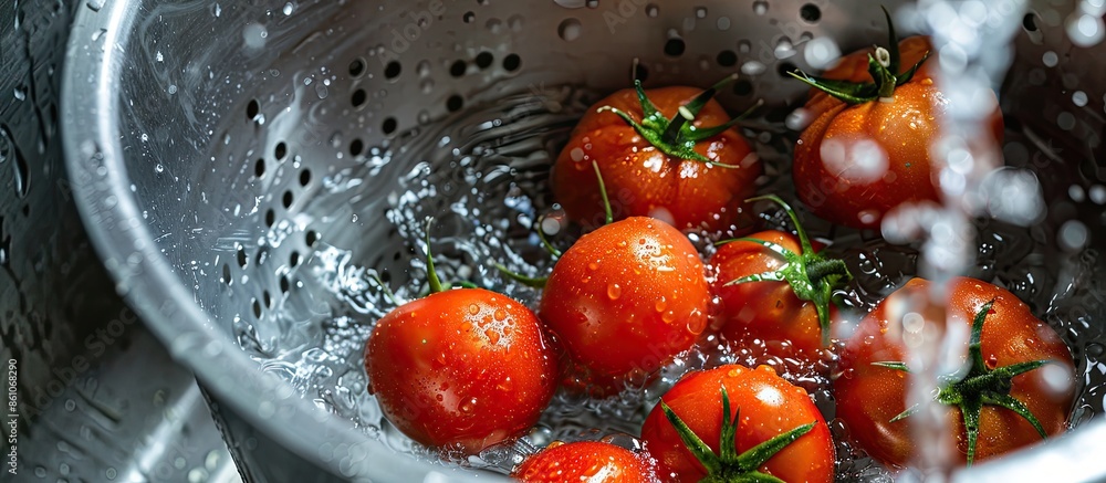 Poster Closeup of tomatoes in colander under running water in sink. with copy space image. Place for adding text or design