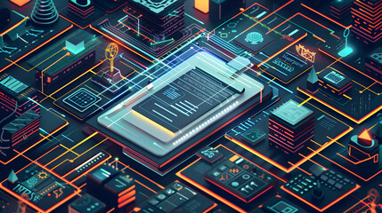 Digital Law and Technology Icons and Tools in a Lawyer's Office. Concept Legal Research Tools, Cybersecurity Measures, Electronic Signatures, Data Privacy Laws, Digital Case Management