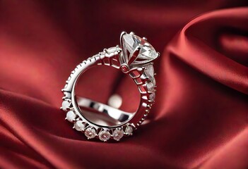 Fototapeta premium Elegant diamond ring on red satin fabric