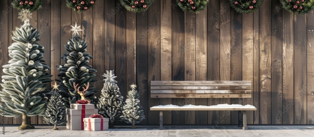 Poster bench with small christmas trees, gift and reindeer near wooden wall. with copy space image. place f