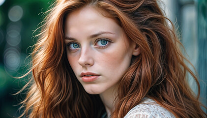 Fototapeta premium A young Caucasian woman with long auburn hair piercing blue eyes!