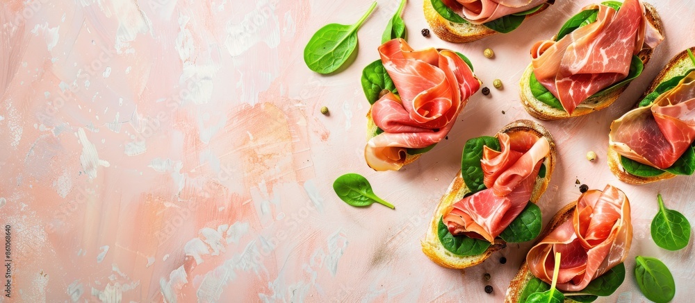 Leinwandbilder tasty ham, jamon bruschettas with lettuce and spinach on pastel background. with copy space image. p